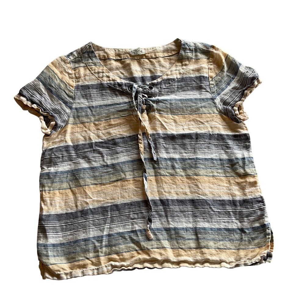 Artisan NY Linen Top Womens Medium Multicolor Striped Lace Up Coastal Boho